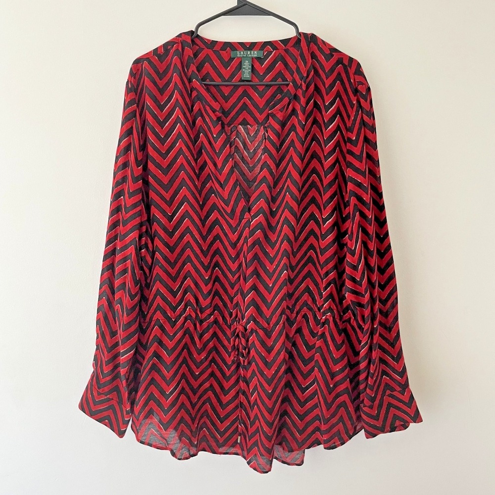 Lauren Ralph Lauren‎ Blouse 2X Red Black Chevron V Neck Tunic Top Long Sleeve